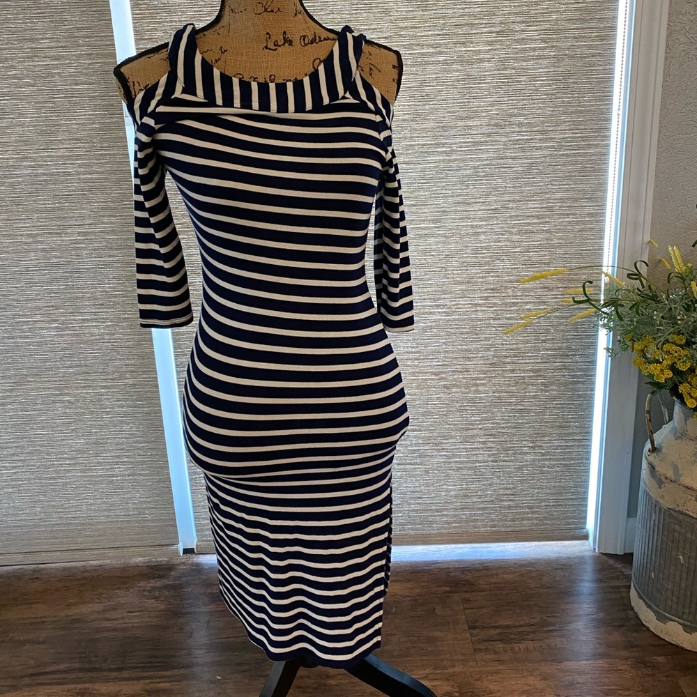 Off the should navy and white maxi dress
